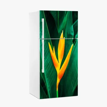 Sticker pour réfrigérateur fleur tropicale orange sur feuillage vert – Wallnifity®
