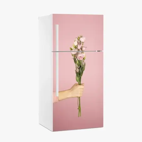 Sticker pour réfrigérateur bouquet délicat de fleurs roses sur fond rose – Wallnifity®
