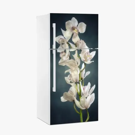 Sticker pour réfrigérateur orchidée blanche élégante sur fond sombre – Wallnifity®