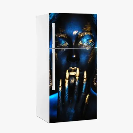 Sticker pour réfrigérateur portrait mystique en or et bleu – Wallnifity®