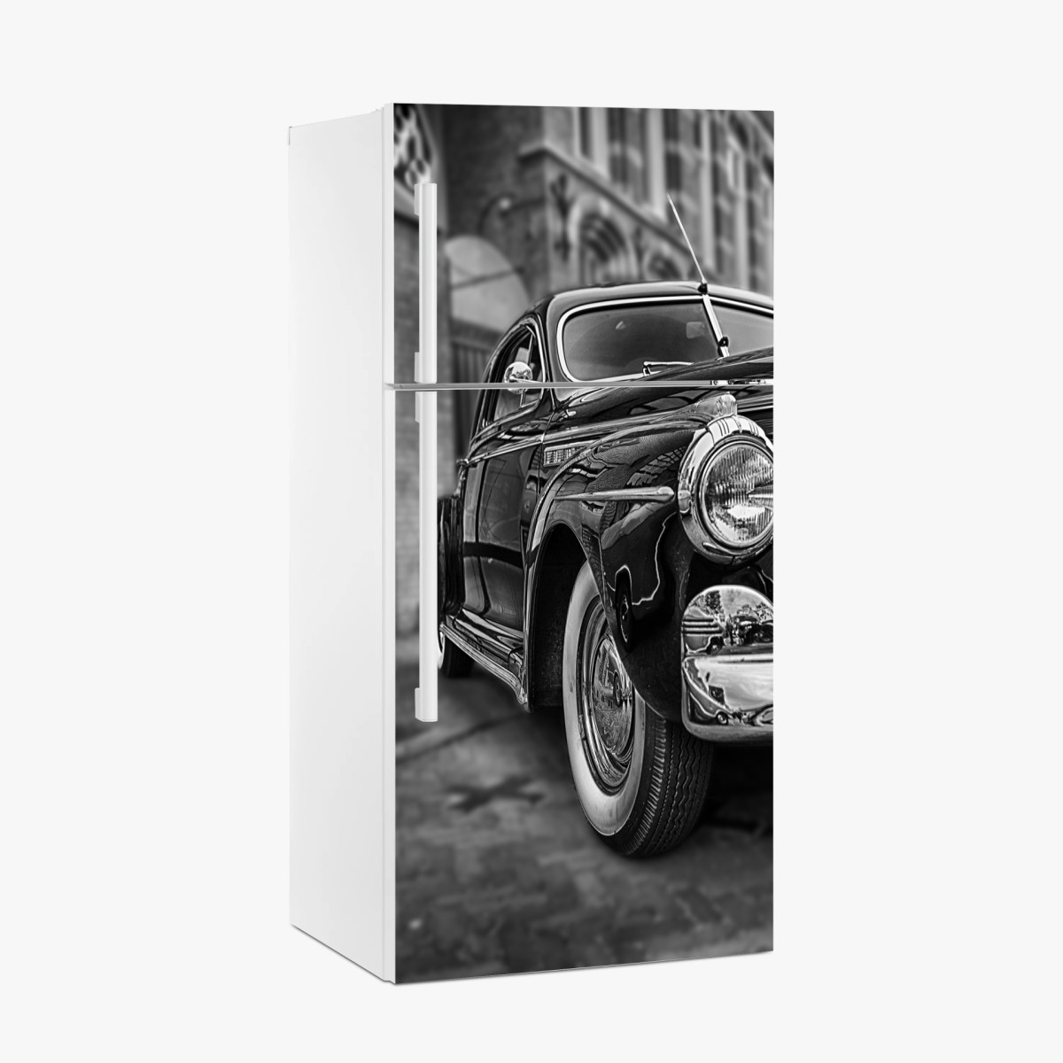 Sticker pour réfrigérateur voiture classique rétro en noir et blanc – Wallnifity®