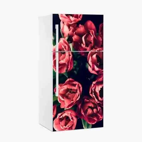 Sticker pour réfrigérateur bouquet de tulipes corail sur fond sombre – Wallnifity®