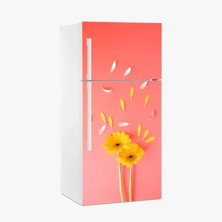 Sticker pour réfrigérateur double gerbera jaune sur fond corail – Wallnifity®