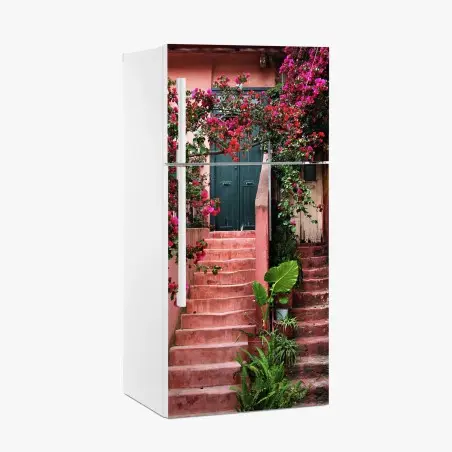 Sticker pour réfrigérateur escalier fleuri aux bougainvilliers – Wallnifity®