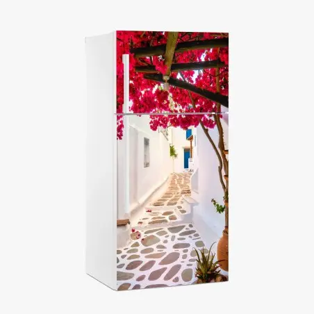 Sticker pour réfrigérateur ruelle aux bougainvilliers et pavés blancs – Wallnifity®