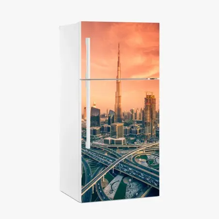 Sticker pour réfrigérateur coucher de soleil sur Dubaï : panorama urbain spectaculaire – Wallnifity®