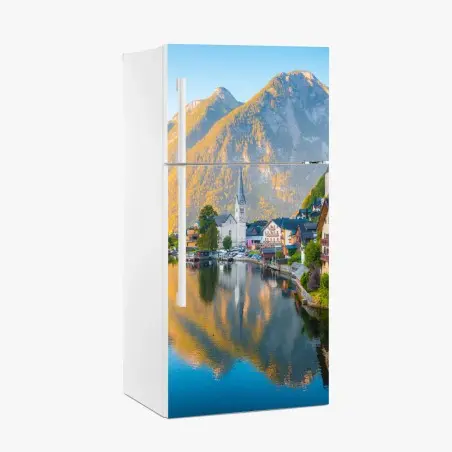 Sticker pour réfrigérateur Hallstatt village lacustre alpin au lever du soleil – Wallnifity®