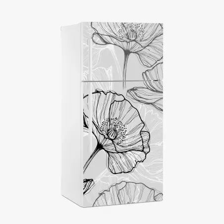 Sticker pour réfrigérateur motif pavots en dessin au trait noir et gris – Wallnifity®