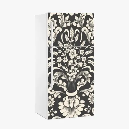 Sticker pour réfrigérateur motif floral baroque élégant noir et crème – Wallnifity®