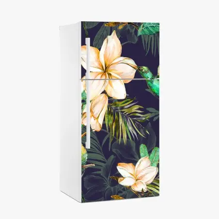 Sticker pour réfrigérateur jardin tropical aux colibris et frangipaniers sur fond sombre – Wallnifity®