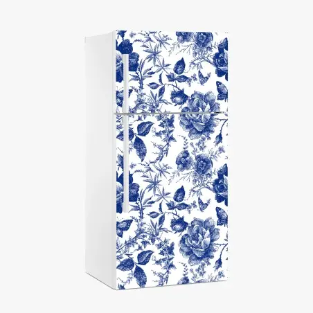 Sticker pour réfrigérateur motif floral bleu classique et raffiné – Wallnifity®
