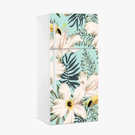 Sticker pour réfrigérateur motif tropical hibiscus et toucans sur fond menthe – Wallnifity®