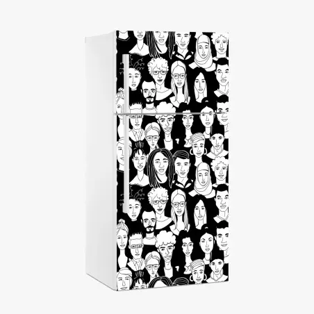 Sticker pour réfrigérateur foule de visages stylisés en noir et blanc – Wallnifity®