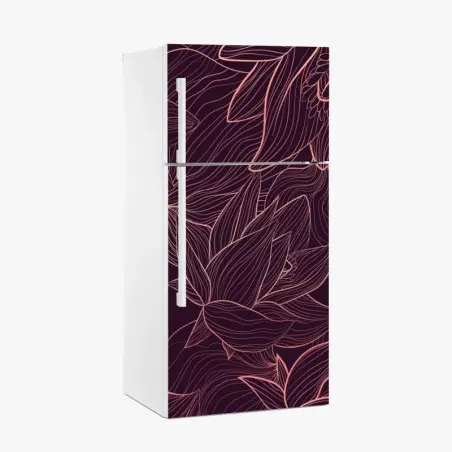 Sticker pour réfrigérateur motif floral linéaire rose doré sur fond bordeaux – Wallnifity®