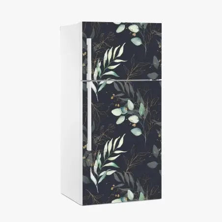Sticker pour réfrigérateur motif feuilles aquarelle avec accents dorés sur fond sombre – Wallnifity®