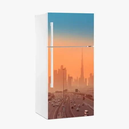 Sticker pour réfrigérateur panorama orangé de Dubaï au coucher du soleil – Wallnifity®