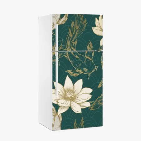 Sticker pour réfrigérateur motif lotus et carpes koi sur fond vert émeraude – Wallnifity®