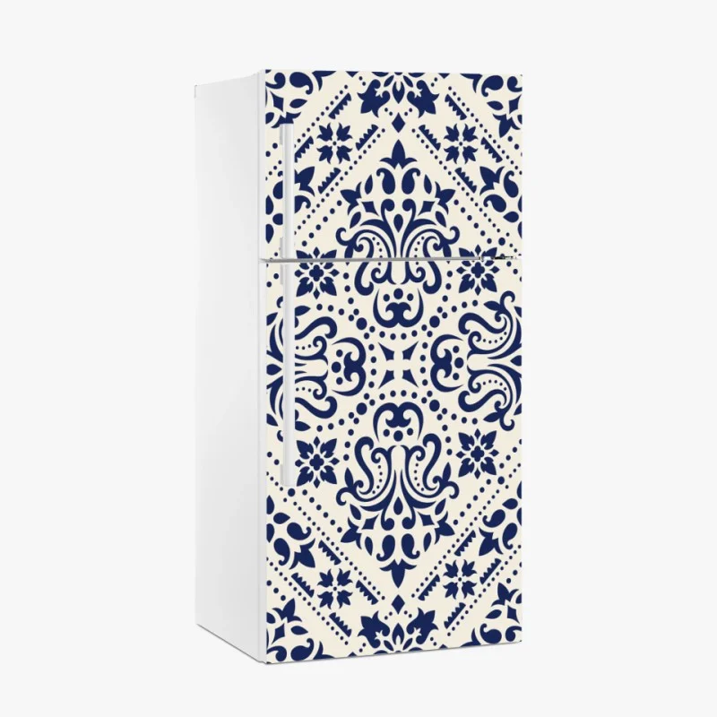 Sticker pour réfrigérateur motif damassé bleu marine sur fond crème – Wallnifity® Sticker pour réfrigérateur motif damassé bleu marine sur fond crème – Wallnifity®