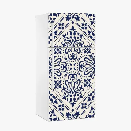 Sticker pour réfrigérateur motif damassé bleu marine sur fond crème – Wallnifity®