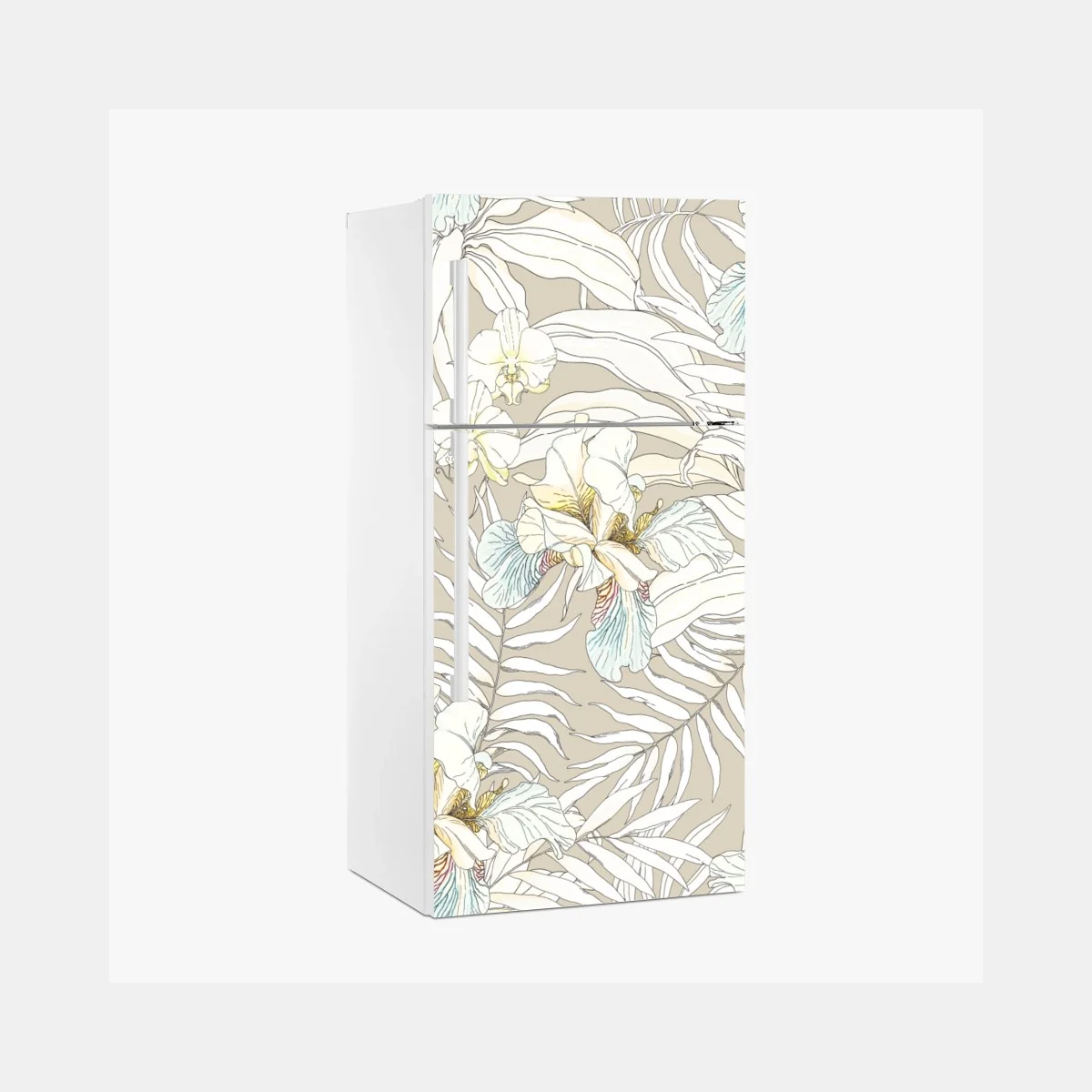 Sticker pour réfrigérateur décor tropical aux cacatoès et orchidées sur fond beige – Wallnifity® Sticker pour réfrigérateur décor tropical aux cacatoès et orchidées sur fond beige – Wallnifity®