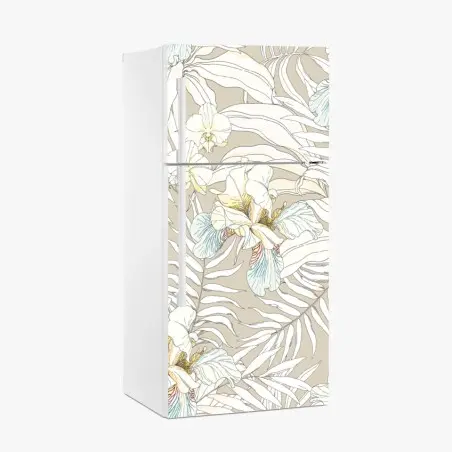 Sticker pour réfrigérateur décor tropical aux cacatoès et orchidées sur fond beige – Wallnifity®