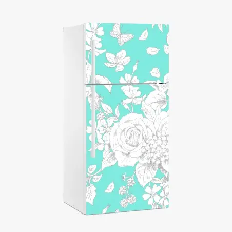 Sticker pour réfrigérateur motif floral délicat sur fond turquoise – Wallnifity®