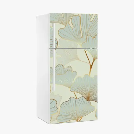 Sticker pour réfrigérateur motif feuilles de ginkgo dorées sur fond pastel – Wallnifity®