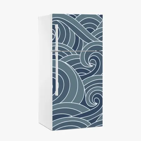 Sticker pour réfrigérateur vagues stylisées japonaises bleu-gris – Wallnifity®