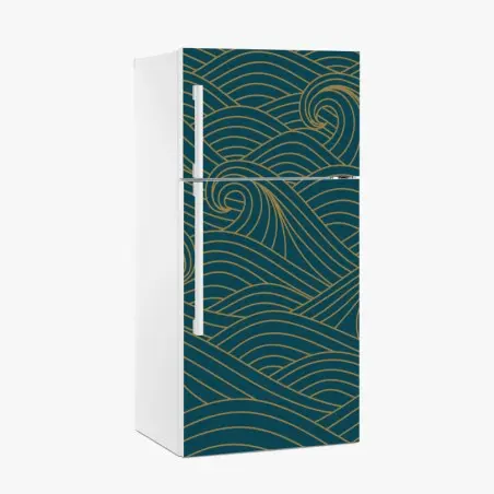 Sticker pour réfrigérateur motif de vagues dorées sur fond bleu canard – Wallnifity®