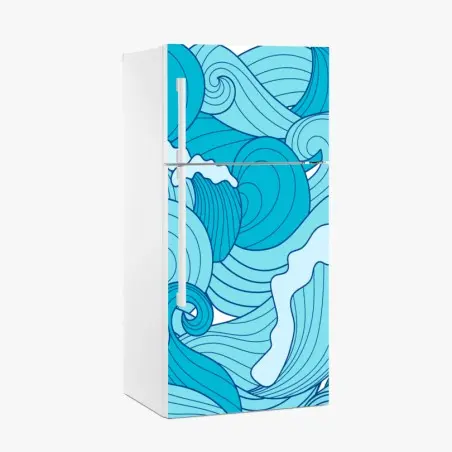 Sticker pour réfrigérateur vagues stylisées en nuances de bleu – Wallnifity®