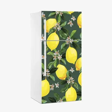 Sticker pour réfrigérateur motif citrons et fleurs sur fond vert – Wallnifity®