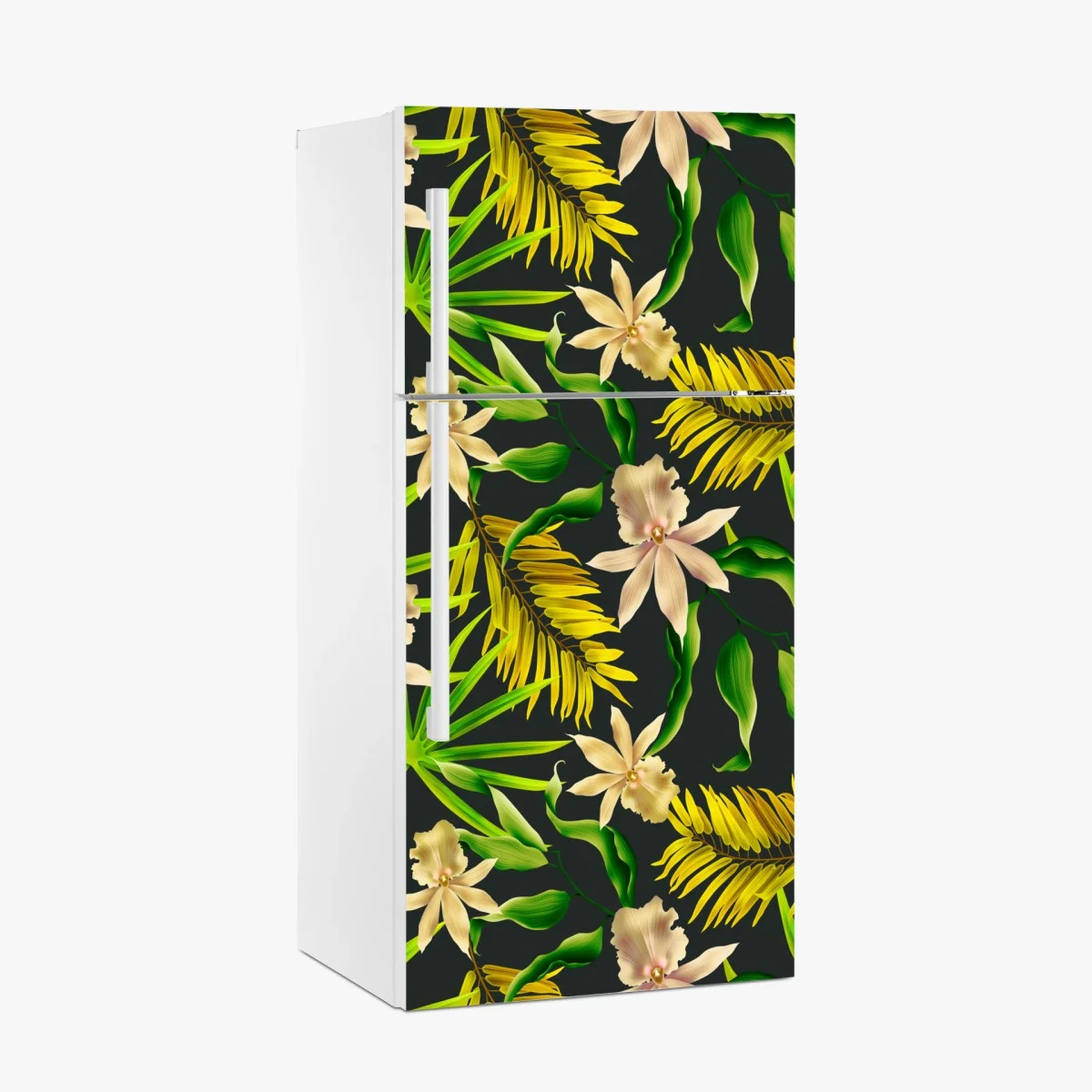 Sticker pour réfrigérateur motif tropical d'orchidées et de feuilles exotiques sur fond sombre – Wallnifity® Sticker pour réfrigérateur motif tropical d'orchidées et de feuilles exotiques sur fond sombre – Wallnifity®