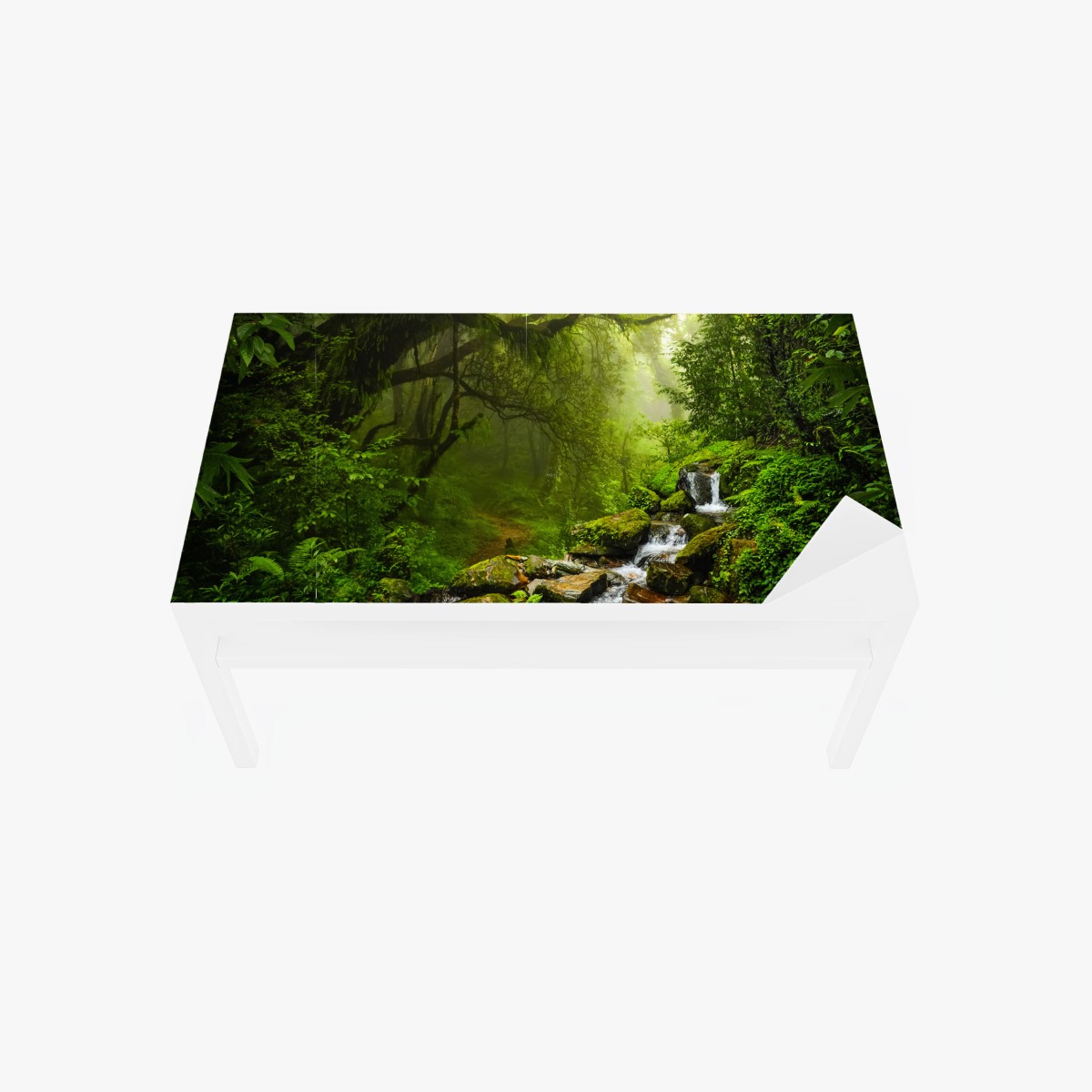 Sticker pour table et bureau forêt brumeuse et cascade émeraude – Wallnifity®