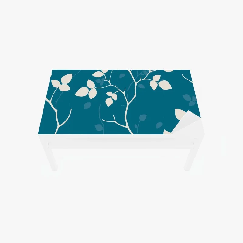 Sticker pour table et bureau motif feuilles blanches sur fond bleu canard – Wallnifity®