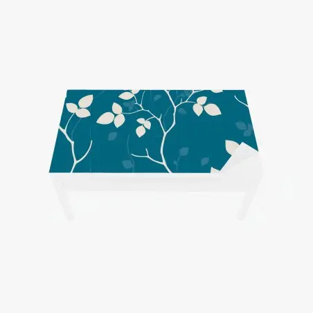 Sticker pour table et bureau motif feuilles blanches sur fond bleu canard – Wallnifity®