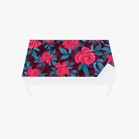Sticker pour table et bureau motif floral de roses et feuillage bleu sur fond bordeaux – Wallnifity®