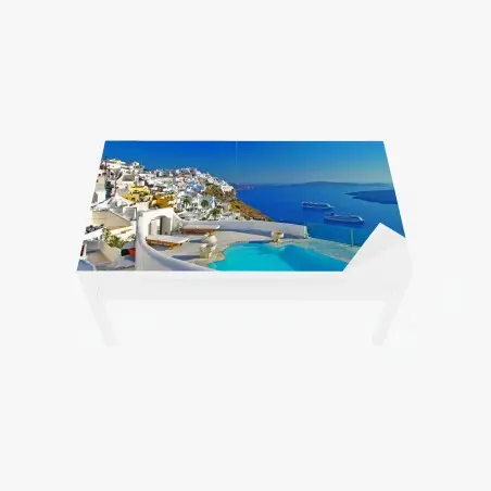 Sticker pour table et bureau vue panoramique de Santorin au bord de la piscine – Wallnifity®