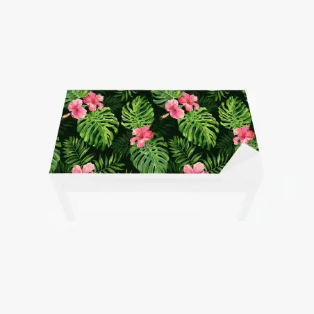 Sticker pour table et bureau motif tropical feuilles de monstera et hibiscus roses – Wallnifity®