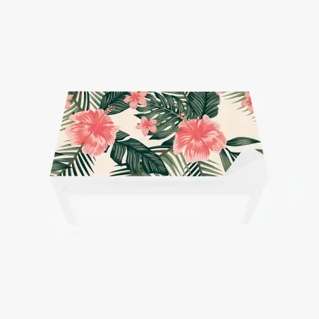 Sticker pour table et bureau motif tropical hibiscus corail et feuillage vert – Wallnifity®