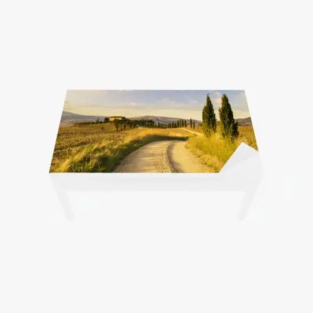 Sticker pour table et bureau chemin de campagne en Toscane au coucher du soleil – Wallnifity®