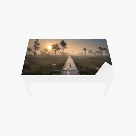 Sticker pour table et bureau sentier en bois dans la brume au lever du soleil – Wallnifity®