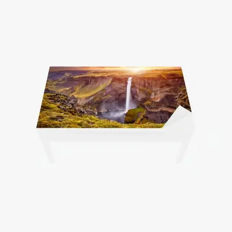 Sticker pour table et bureau cascade majestueuse de Haifoss en Islande au coucher de soleil – Wallnifity®