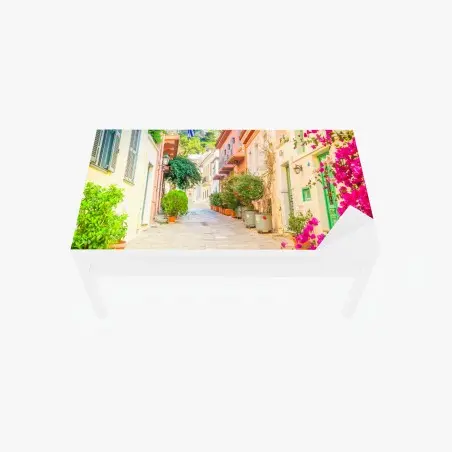 Sticker pour table et bureau ruelle pittoresque d'Athènes aux bougainvilliers – Wallnifity®