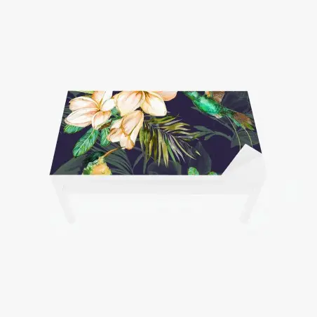 Sticker pour table et bureau jardin tropical aux colibris et frangipaniers sur fond sombre – Wallnifity®