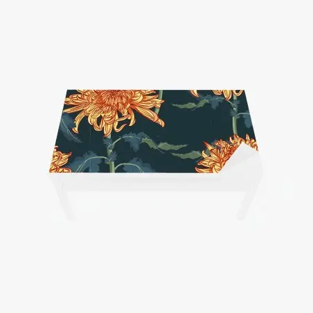 Sticker pour table et bureau fleurs de chrysanthèmes orange sur fond bleu profond – Wallnifity®