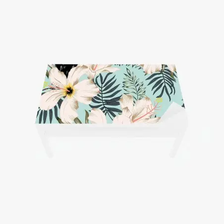 Sticker pour table et bureau motif tropical hibiscus et toucans sur fond menthe – Wallnifity®