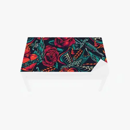 Sticker pour table et bureau motif rétro tatouage roses et hirondelles – Wallnifity®