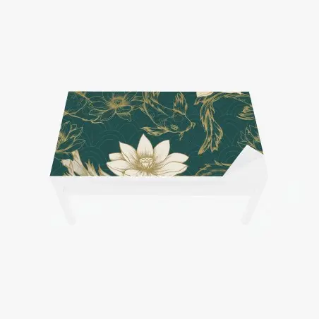 Sticker pour table et bureau motif lotus et carpes koi sur fond vert émeraude – Wallnifity®