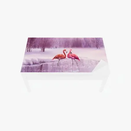 Sticker pour table et bureau flamants roses dans un paysage hivernal lilas – Wallnifity®