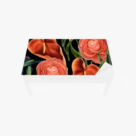 Sticker pour table et bureau motif floral tropical aux anthuriums et renoncules sur fond noir – Wallnifity®